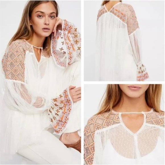Free People Tops - Free People Joyride Sheer Tulle Embroidery Oversized Top Long Sleeve Ivory Sz M